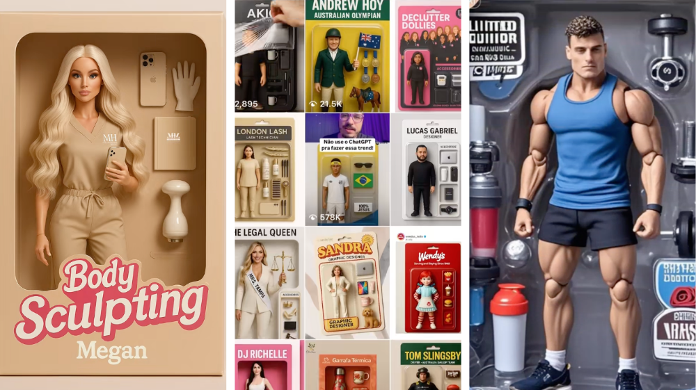Examples of AI-generated action figure and doll-style images, including a body sculpting Barbie-style doll, a muscular fitness-themed male figure, and a grid of custom character boxes featuring various professions and personas — showcasing the viral trend of turning people into personalised, boxed figurines using AI tools.