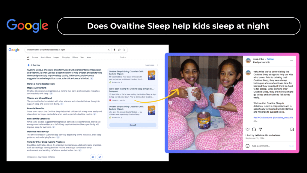 Screenshot showing a Google AI Overview result for the search query 'Does Ovaltine Sleep help kids sleep at night' alongside an Instagram post from influencer @vaka.tribe. The post features two smiling children in pyjamas holding mugs of Ovaltine Sleep, with product packaging visible. A yellow arrow highlights how the influencer caption has been indexed by Google AI, demonstrating how keyword-rich social media content appears in search results.
