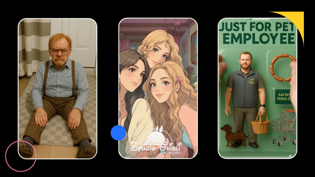 A collage of AI-generated images showcasing viral trends: a pet rendered as a grumpy elderly human, a stylised Studio Ghibli-inspired group portrait, and a toy-like action figure of a Just for Pets employee in blister packaging — highlighting the playful and surreal nature of the current AI image trend wave