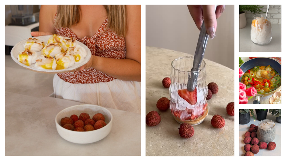 A collage of lychee-inspired dishes and drinks created by content creators during a SMART Platform influencer campaign. The images feature lychees used in pavlovas, layered desserts, iced beverages, chia puddings, and a colourful savoury dish, showcasing recipe creativity and strong visual appeal generated from the campaign.