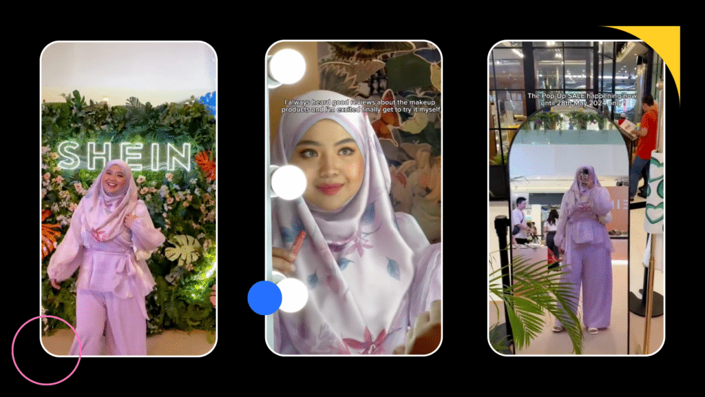 Scenes from a SHEIN pop-up event featuring a floral influencer photo wall, a makeup testing station with vanity lighting, and a full-length mirror for outfit selfies — showcasing how the retail space is designed to drive content creation and social sharing.