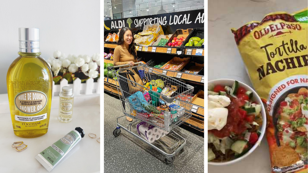 Three side-by-side influencer campaign images: on the left, a product shot of L’Occitane Almond Shower Oil and hand cream displayed on a white surface; in the centre, a creator smiles while shopping at ALDI with a full trolley in front of a 'Supporting Local' produce display; on the right, a lifestyle image featuring a bag of Old El Paso Tortilla Nachips next to a bowl of nachos topped with salsa, sour cream, and vegetables