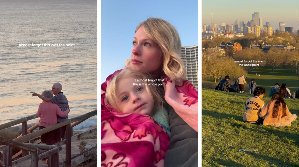 Three creators showcase the “I Almost Forgot This Was the Whole Point” trend on TikTok. Left: A couple watching the sunset over the ocean. Centre: A mother cuddling her child in a blanket at golden hour. Right: Friends sitting on a grassy hill with a city skyline in the background. The trend captures quiet, emotionally resonant moments in everyday life, popular in influencer marketing for its authenticity and raw storytelling.