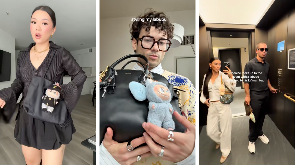 Three creators showcase the viral Labubu trend by styling the chaotic plush toy with luxury fashion. Left: A woman wearing a black dress with a Labubu keychain on her designer bag. Centre: A man holds a black handbag featuring a blue Labubu charm. Right: A couple walks through an elevator lobby, with a Labubu plush clipped to a Louis Vuitton crossbody bag. The image captures how creators are blending high fashion with playful, memeable accessories for social content.