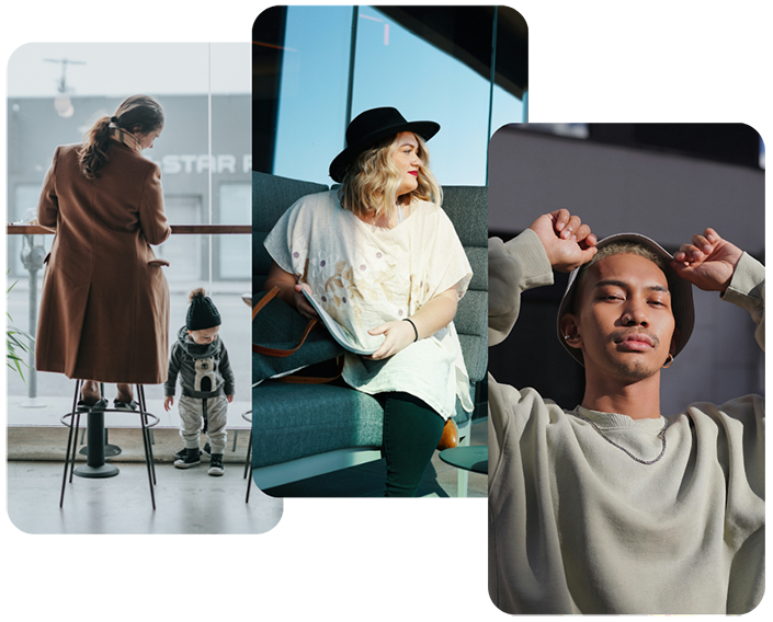 Collage of diverse macro creators: a mother and child in a café, a woman in a wide-brimmed hat seated by a window, and a man posing in casual streetwear under natural light.