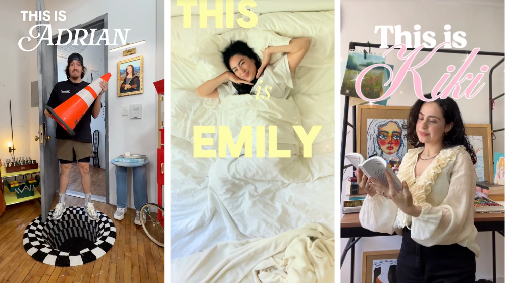 Three content creators showcasing TikTok’s viral “Narrate My Life” trend, This is a great trend to use in influencer marketing campaigns. Each frame introduces a creator — Adrian with a traffic cone, Emily in bed, and Kiki reading in her art studio — highlighting personality-driven storytelling popular in creator-led content.