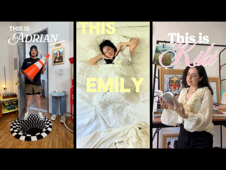 Three content creators showcasing TikTok’s viral “Narrate My Life” trend, This is a great trend to use in influencer marketing campaigns. Each frame introduces a creator — Adrian with a traffic cone, Emily in bed, and Kiki reading in her art studio — highlighting personality-driven storytelling popular in creator-led content.