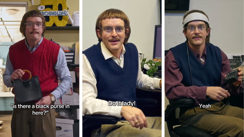 Three-panel image featuring Jay Renshaw as his viral TikTok character Chit. In the first panel, Chit holds up a black purse with the caption “Is there a black purse in here?” In the second, he leans forward at a desk with the caption “Do it lady!” In the third, he wears a headband with the caption “Yeah.” Chit sports a bowl cut, glasses, and a retro office outfit in each scene.