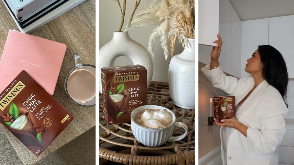 Three lifestyle images featuring Twinings Choc Chai Latte: a flat lay with a latte and pink notebook, a styled shot with a ceramic mug and, and a woman in a white blazer enjoying a latte in her kitchen while holding the product box.