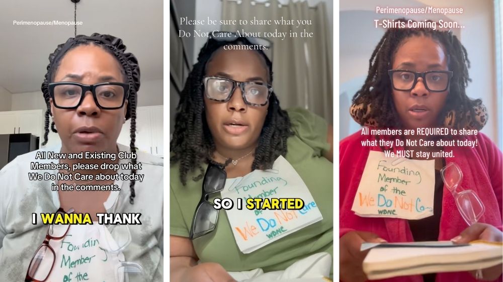 Three-panel image showing Melani Sanders, founder of the “We Do Not Care Club,” speaking directly to camera in different TikTok videos. In each panel, she wears oversized glasses, a bonnet or headscarf, and a hand-written sign reading “Founding Member of the We Do Not Care Club.” The captions prompt viewers to comment what they don’t care about today, with phrases like “All members are REQUIRED to share,” “Please be sure to share,” and “T-shirts Coming Soon.”