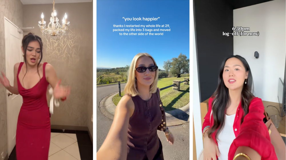 A collage of three TikTok-style videos featuring women engaging in different lifestyle content. The first panel shows a woman in a red dress dancing in a warmly lit room with a chandelier. The middle panel shows a woman wearing sunglasses and a dark dress walking outdoors with text overlay: “'you look happier' thanks I restarted my whole life at 29, packed my life into 3 bags and moved to the other side of the world.” The third panel shows a woman in a red shirt and white top pointing to text that says “6.30pm log-off (for now),” suggesting a workday ending.