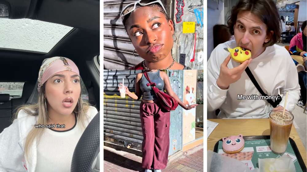 A three-panel collage illustrating July’s top content trends. Left: A creator sits in a car, looking surprised and mouthing “who said that,” referencing the “Who Said That?” inner-criticism trend. Centre: A head-and-shoulders shot above a full-body shot, showing the “Bobblehead” split-screen outfit reveal. Right: A person at a café grabbing a novelty donut with the caption “Me with money,” exemplifying the “Me With Money vs Me Without It” splurge-culture trend.