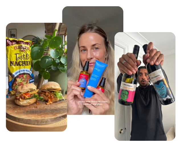 Three influencer campaign images side-by-side: a nacho burger recipe using Old El Paso Nachips, a woman showcasing Trilogy skincare products, and a man holding up two bottles of 19 Crimes wine with illustrated Halloween labels.