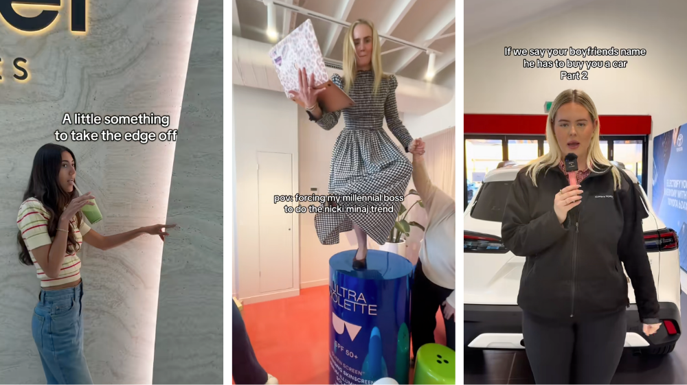 Collage of TikTok clips showing August creative trends: a woman sipping a green drink with the text ‘A little something to take the edge off,’ a boss standing on a stool for the Nicki Minaj challenge captioned ‘POV: forcing my millennial boss to do the Nicki Minaj trend,’ and a woman holding a microphone in a car showroom with the caption ‘If we say your boyfriend’s name he has to buy you a car Part 2